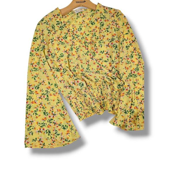 For the Republic Women’s Yellow Floral Long Sleeve Wrap Smocked Small Blouse - Picture 2 of 8